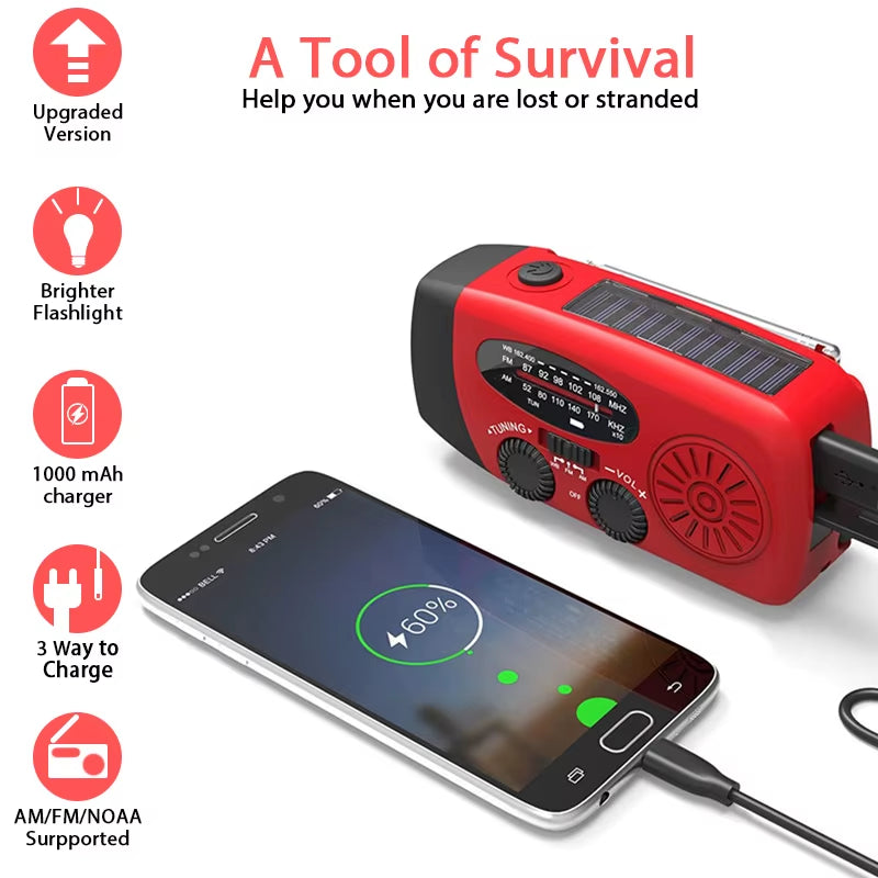 Portable Multifunctional Hand Radio Crank Dynamo Solar Powered Weather Radios NOAA/AM/FM Emergency LED Flashlight Power Bank