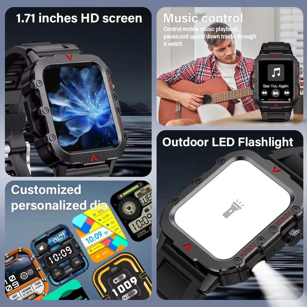 Men Sports Smart Watch 1.71 Screen Blood Oxygen Bluetooth Talking Watch Multi Sport LED Flashlight Outdoor Smart Watch