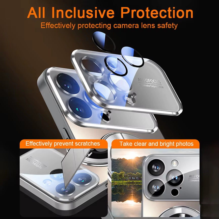 Luxury Glass Camera Lens for Magesafe Magnetic Wireless Charging Case for Iphone 11 12 13 14 15 16 Pro Max plus Shockproof Cover
